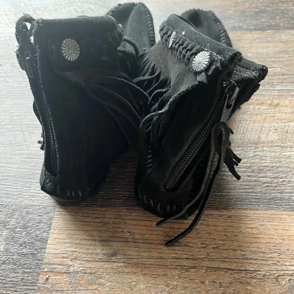 Moccasin Ankle Boots Black Suede‎ Fringe Detail Western Style